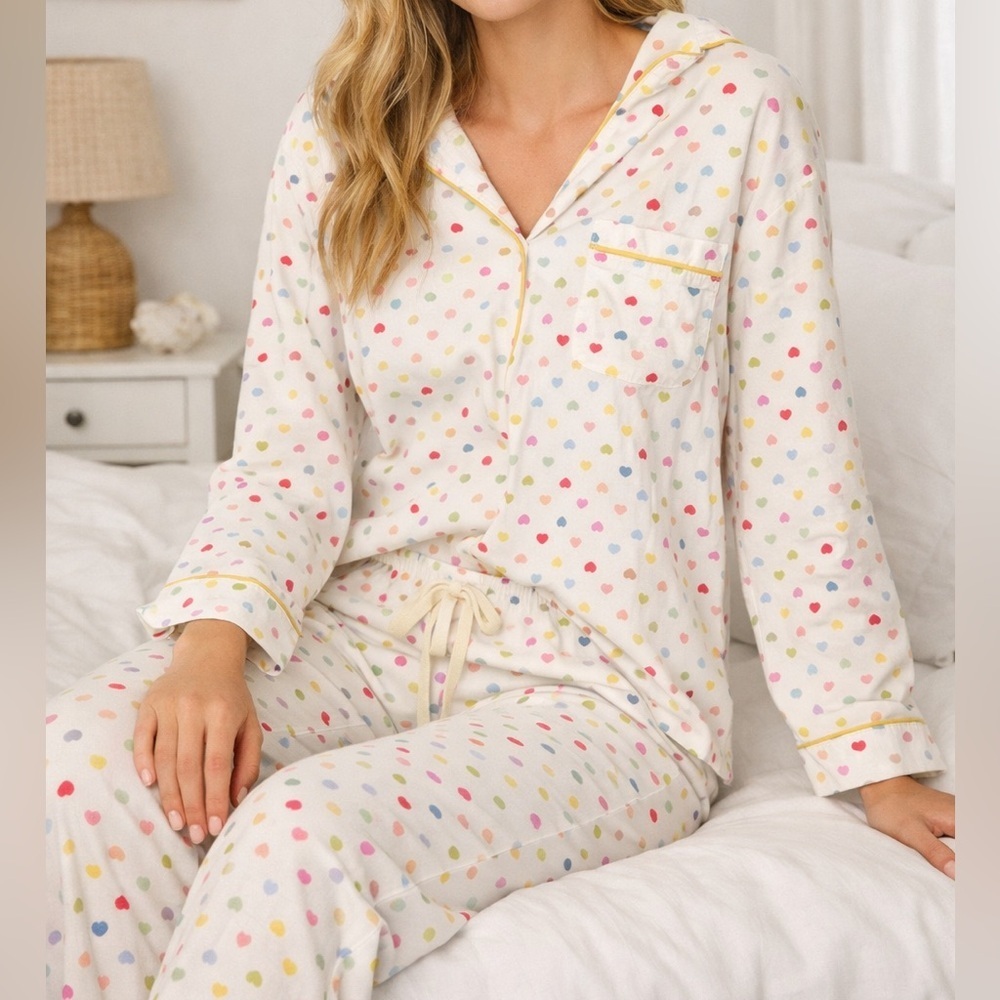 Dreamy by Lubot 100% Cotton Rainbow Heart Long Sleeve Pajama Set Sz M Preppy
